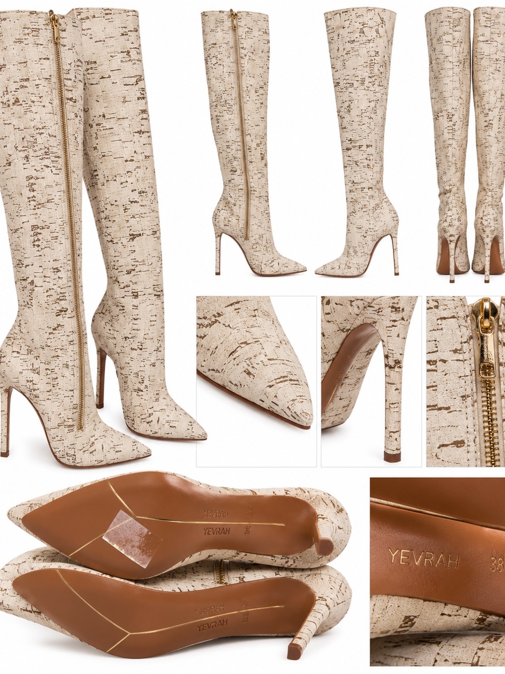 YEVRAH White Cork Print Knee High Stiletto Boots Size 38.5 NWOT